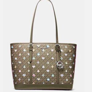 New Michael Kors Jet Set Large Printed Signature Logo Tote Bag Olive